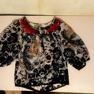 Asian inspired sheer blouse with intricate details in front with red thread.